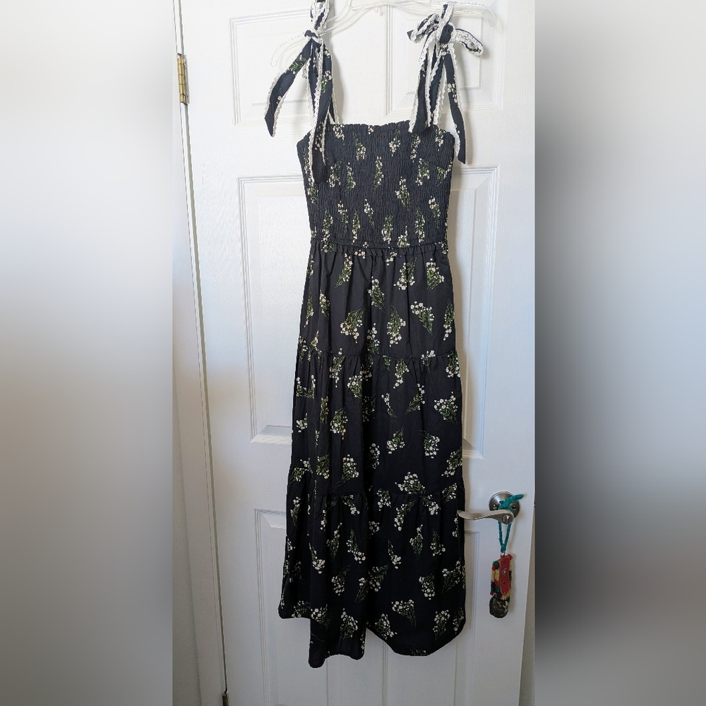 Entro Black Floral Midi Dress S Green New
